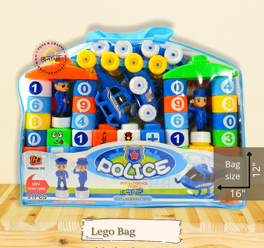 Big Building Blocks Bag 91 Piece Set Creative Blocks & Construction Toy for Kids (91 Pieces Police Building Blocks)